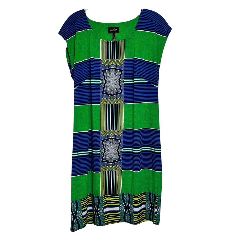 Laundry by Shelli‎ Segal S Green Blue Geometric Cap Sleeve Dress Artsy